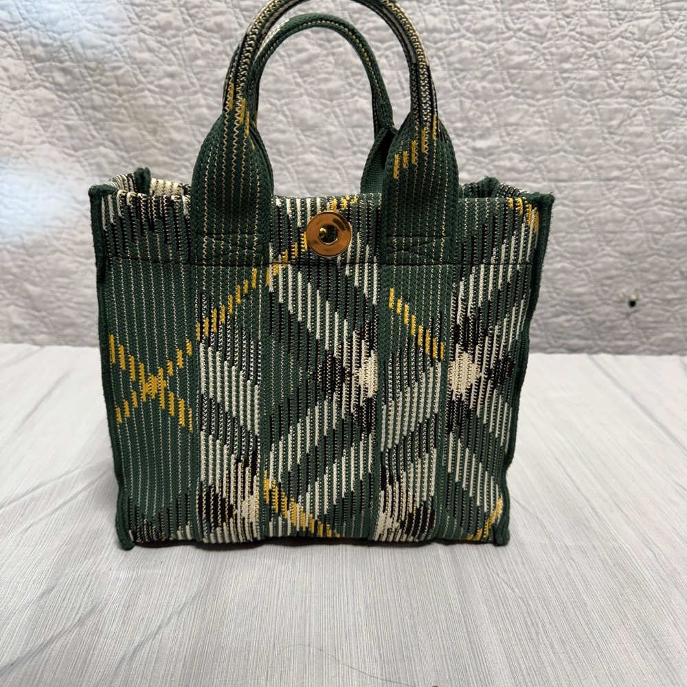 Burberry Mini Check Knitted Tote Green and Yellow Plaid
